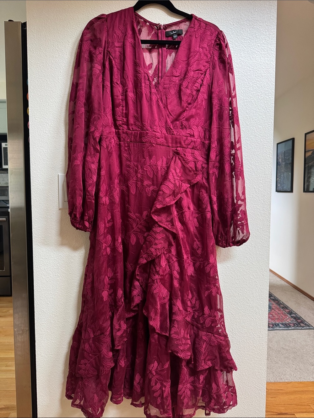 Lulu's Deep Berry Floral Ruffle Midi Dress